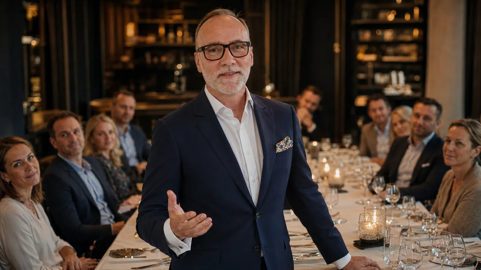 Jan Schaumann an einem eingedeckten Restauranttisch mit Gästen